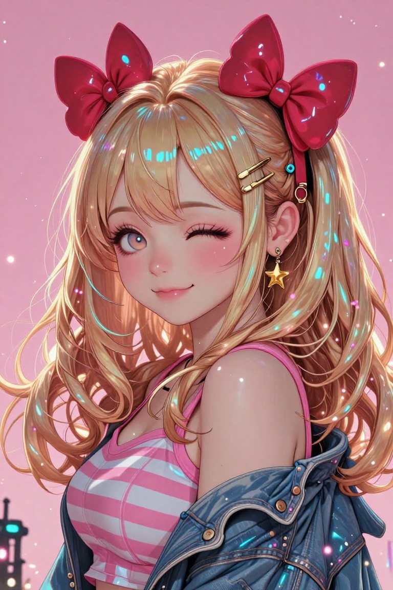 Create a beautiful anime illustration in the Master Illustration style,  featuring a character with long wavy blonde hair...