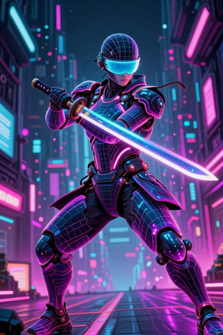 Create a dynamic pose for a cyber samurai,  made entirely of neon grid and a neon katana. The character wears futuristic a...