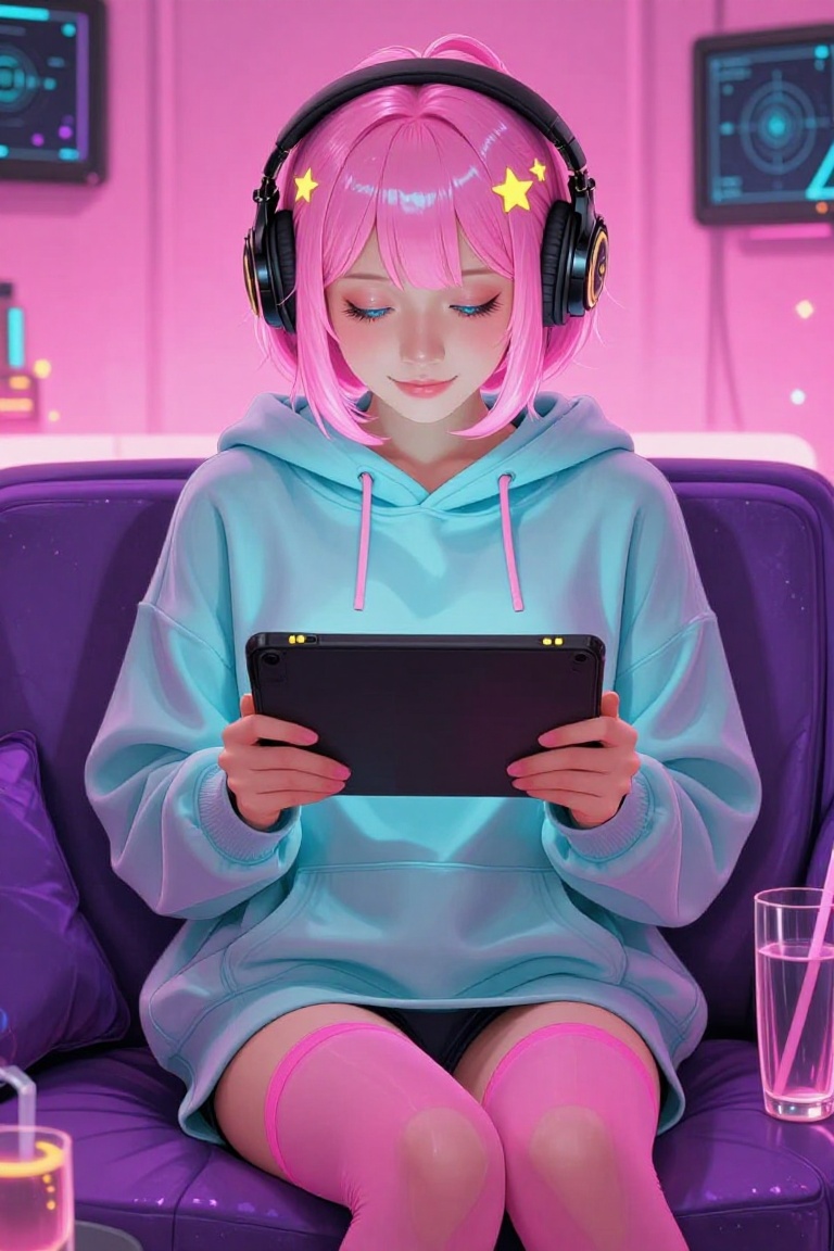 Captured at eye-level,  a young woman with pink hair and blue eyes is seated on a purple sofa,  wearing a hooded sweatshir...