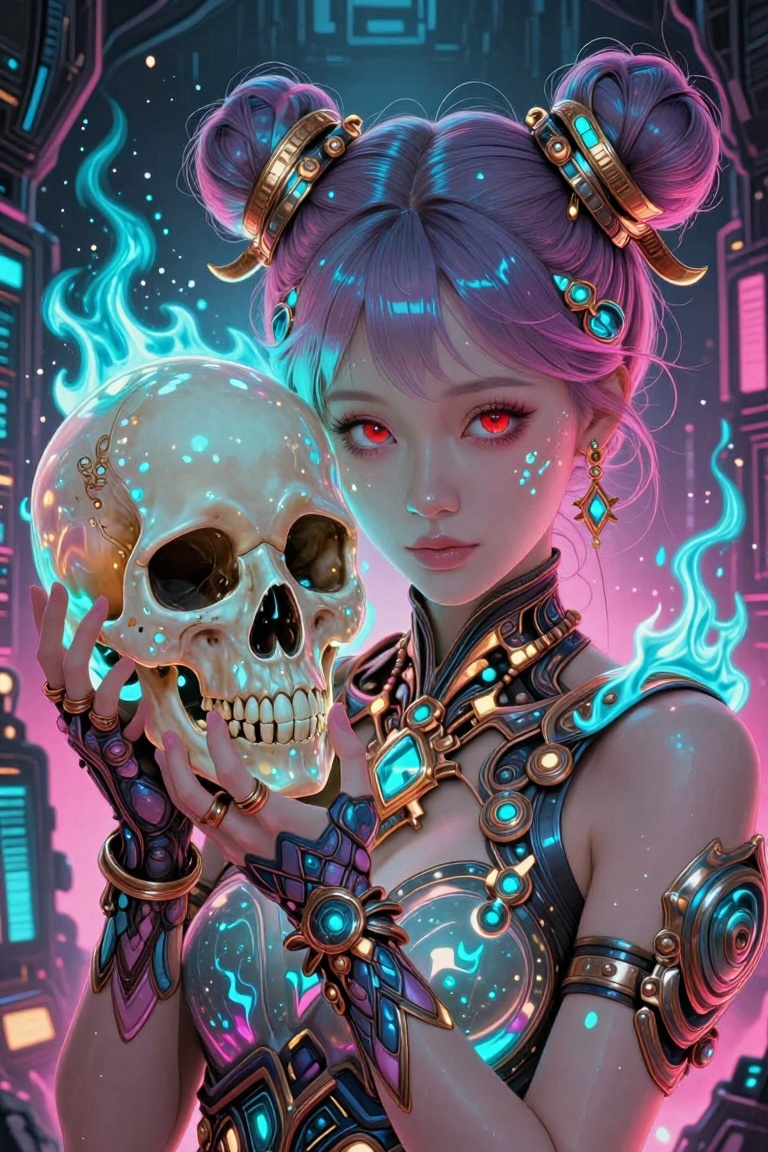 A young woman with a twin bun hairstyle and glowing electric horn-like ornaments,  holding a translucent glowing skull in...