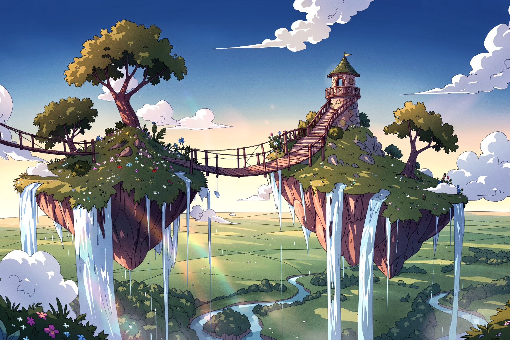 A outlined illustration of a chain of floating islands suspended high in the sky,  connected by rickety wooden bridges and...
