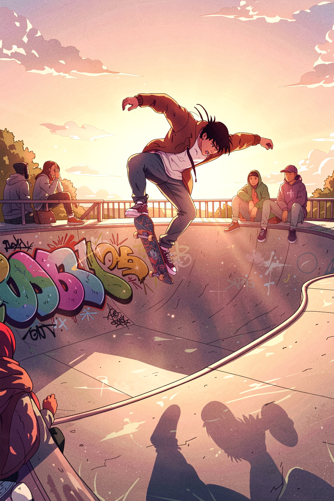 outlined illustration of a teenager doing a kickflip on a skateboard at a concrete skate park. Golden sunset light catches...