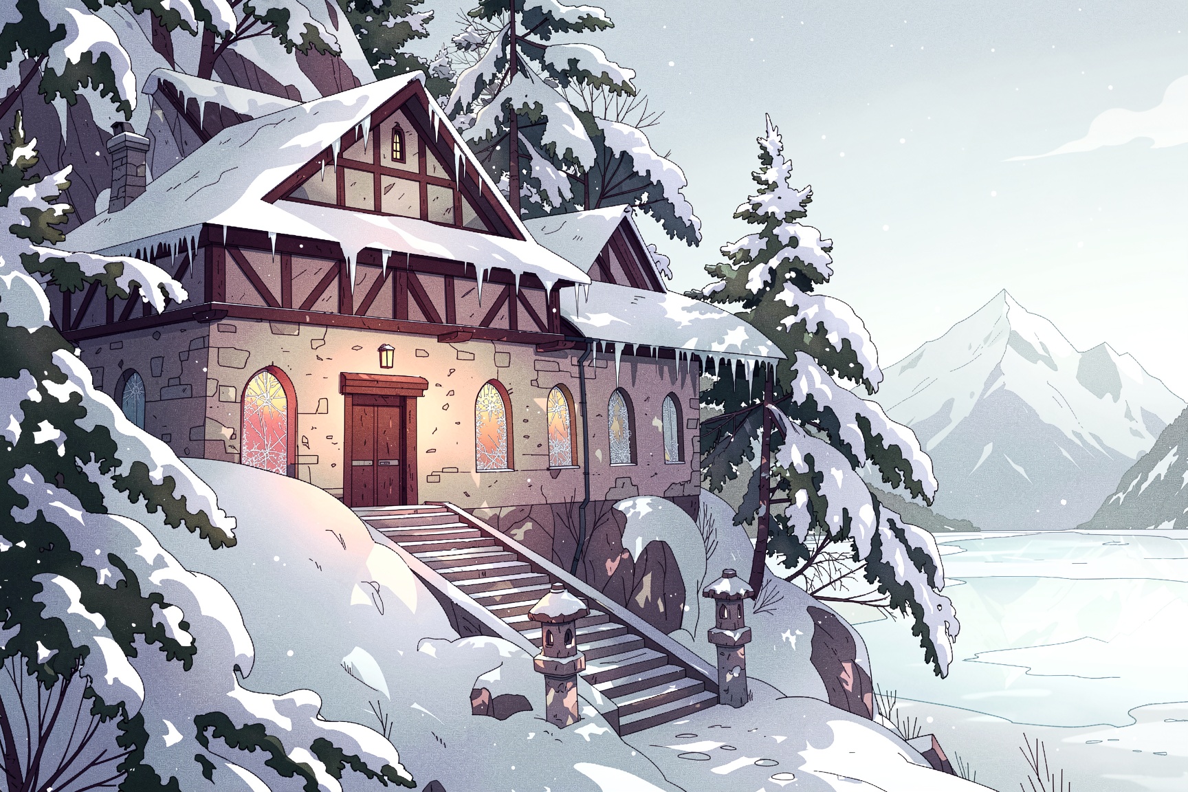 A outlined illustration of a secluded monastery built into the side of a snow-covered mountain peak. The structure feature...