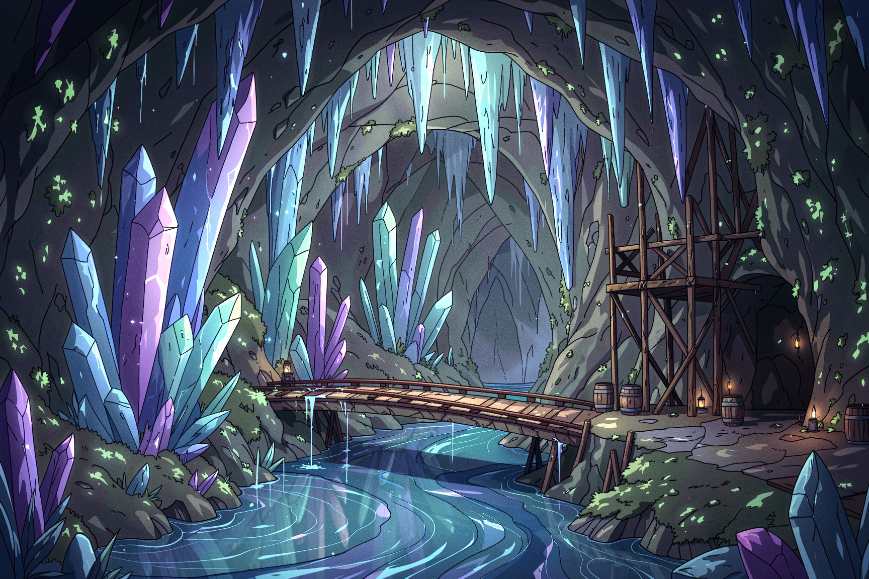 A outlined illustration of a vast underground cavern illuminated by towering crystalline formations in shades of blue,  pu...