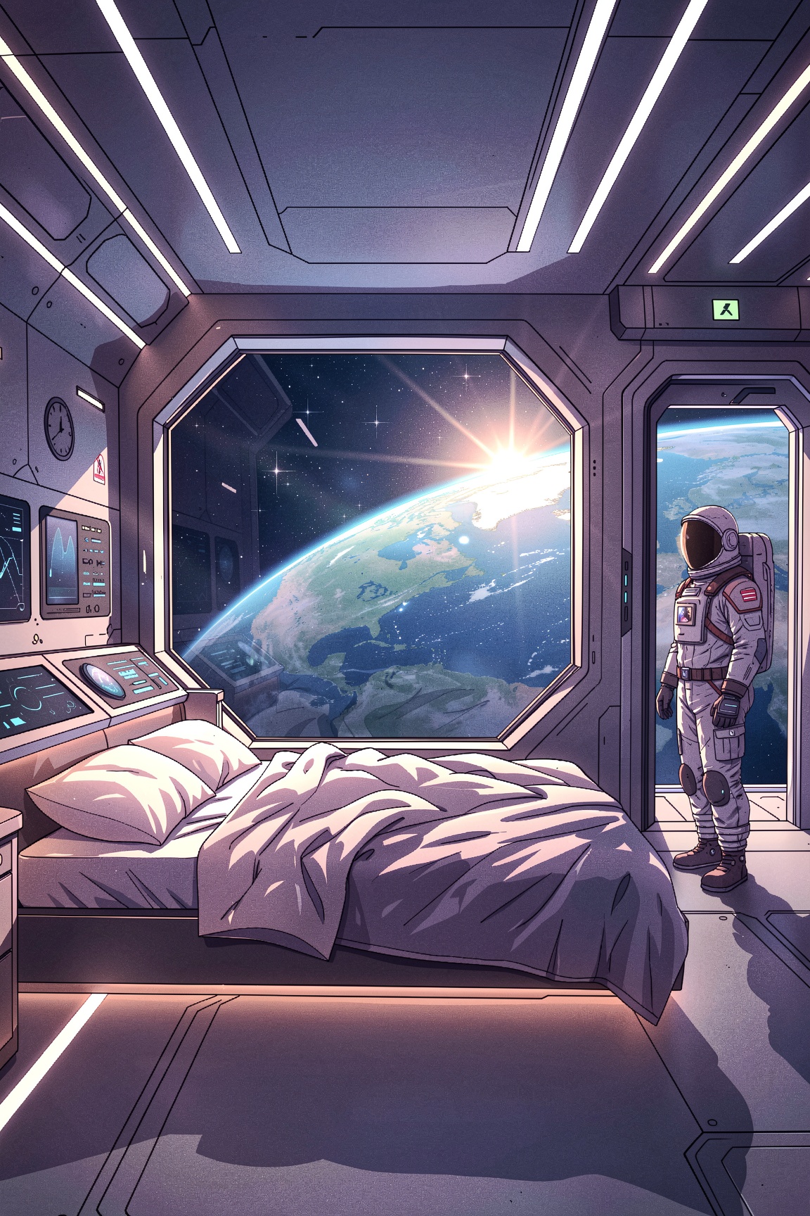 This outlined illustration depicts a futuristic,  high-tech bedroom inside what appears to be a spacecraft or space statio...