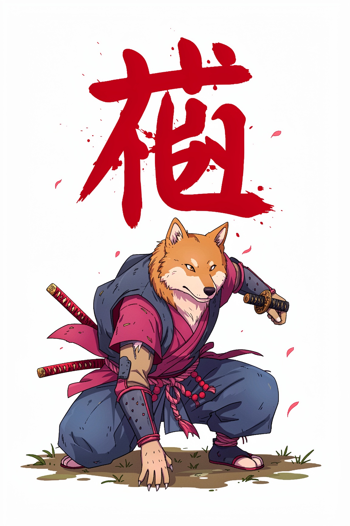 This is a striking outlined illustration of an anthropomorphic eurasier dog character portrayed as a samurai or ronin. Her...
