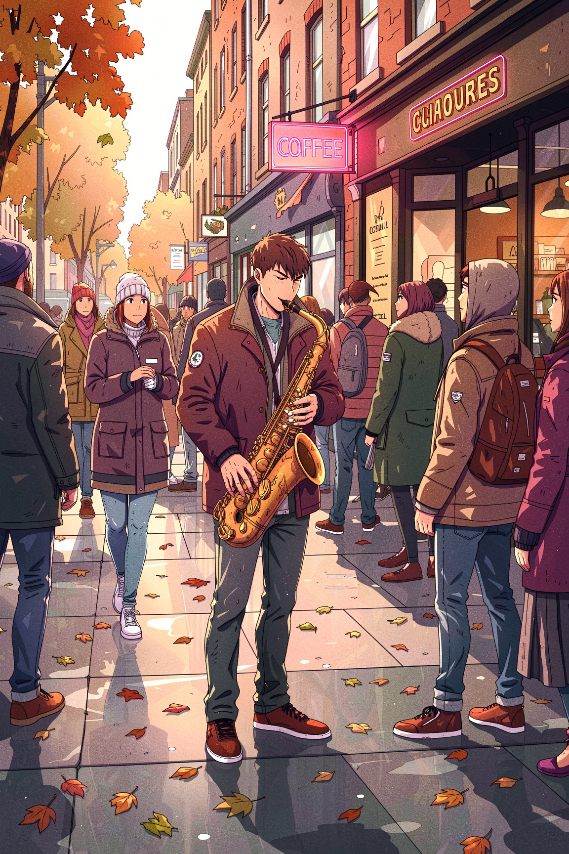 outlined illustration of a young man playing a saxophone on a busy pedestrian street. People walk past him,  some stopping...