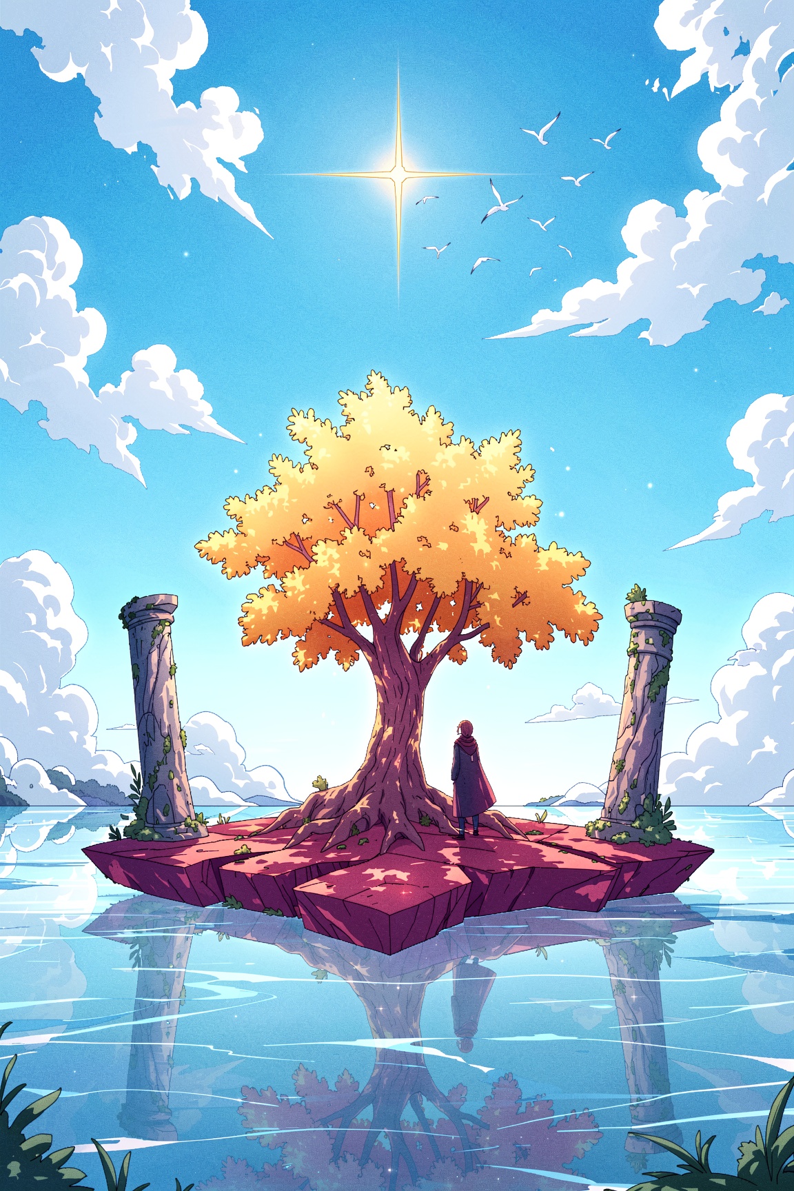 This outlined illustration portrays a breathtaking,  ethereal landscape rendered in a vibrant anime-inspired style,  domin...