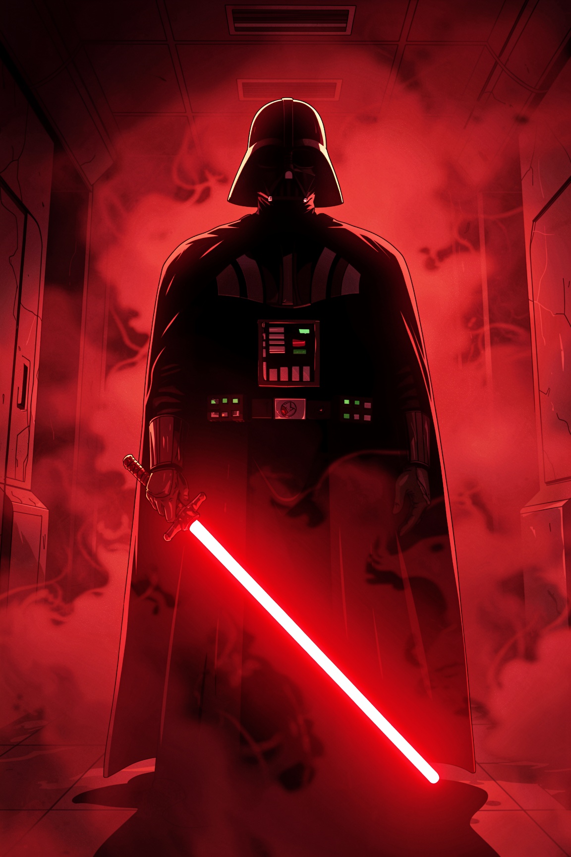This outlined illustration presents the iconic silhouette of Darth Vader stands commandingly in the center of the frame,...