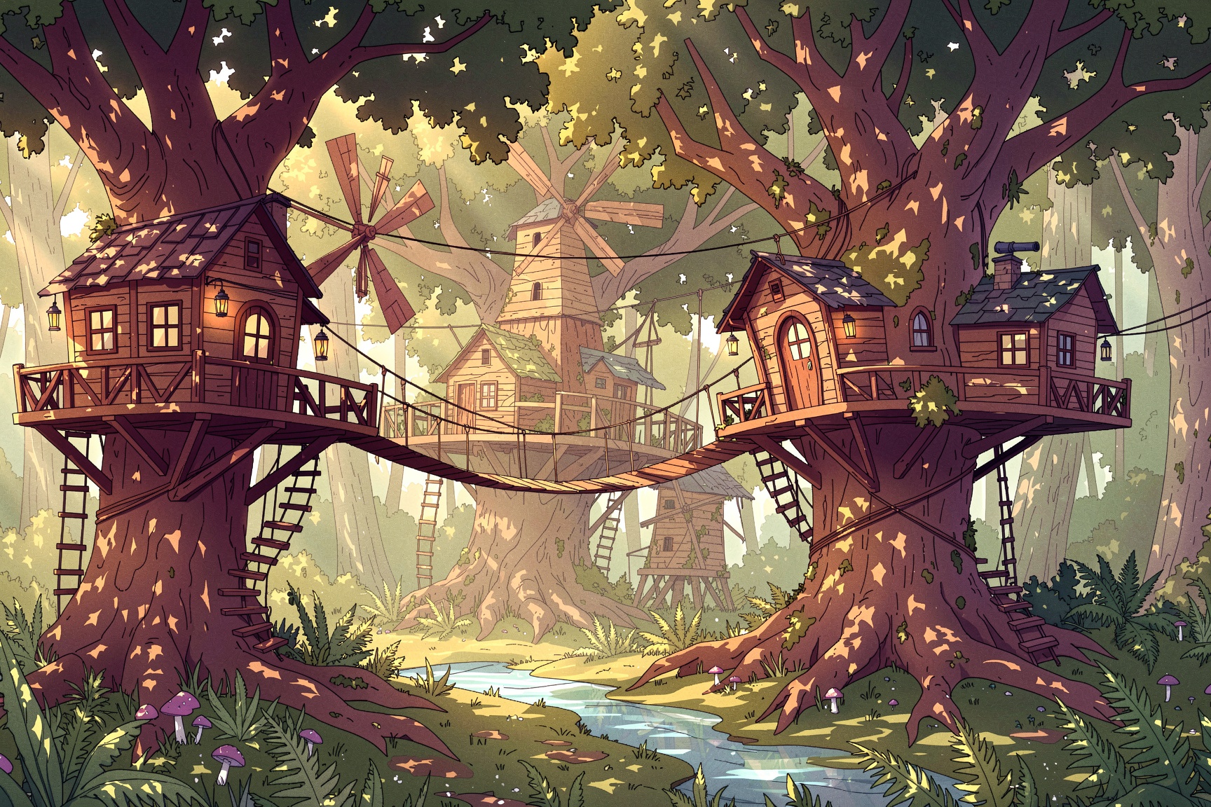 A outlined illustration of an elaborate treehouse village built among the canopy of giant oak trees. Rope bridges connect...