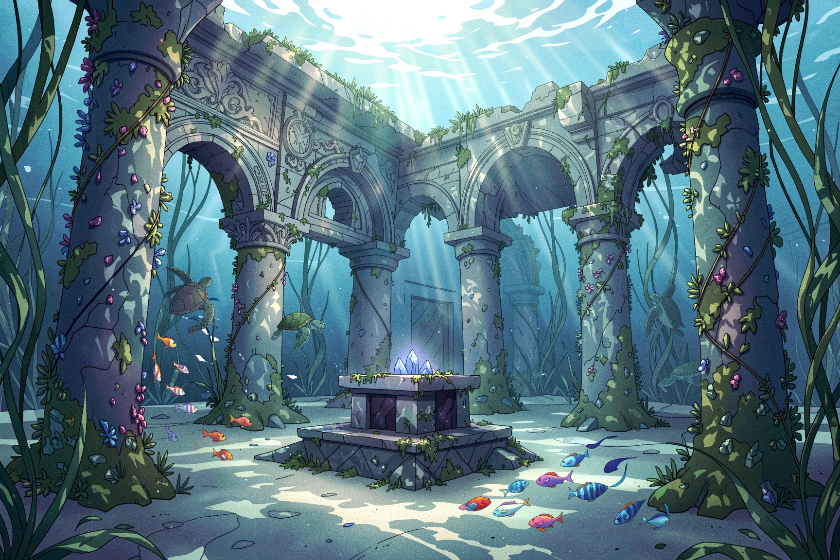 A outlined illustration of ancient underwater temple ruins submerged in a deep ocean. Massive stone pillars covered in cor...