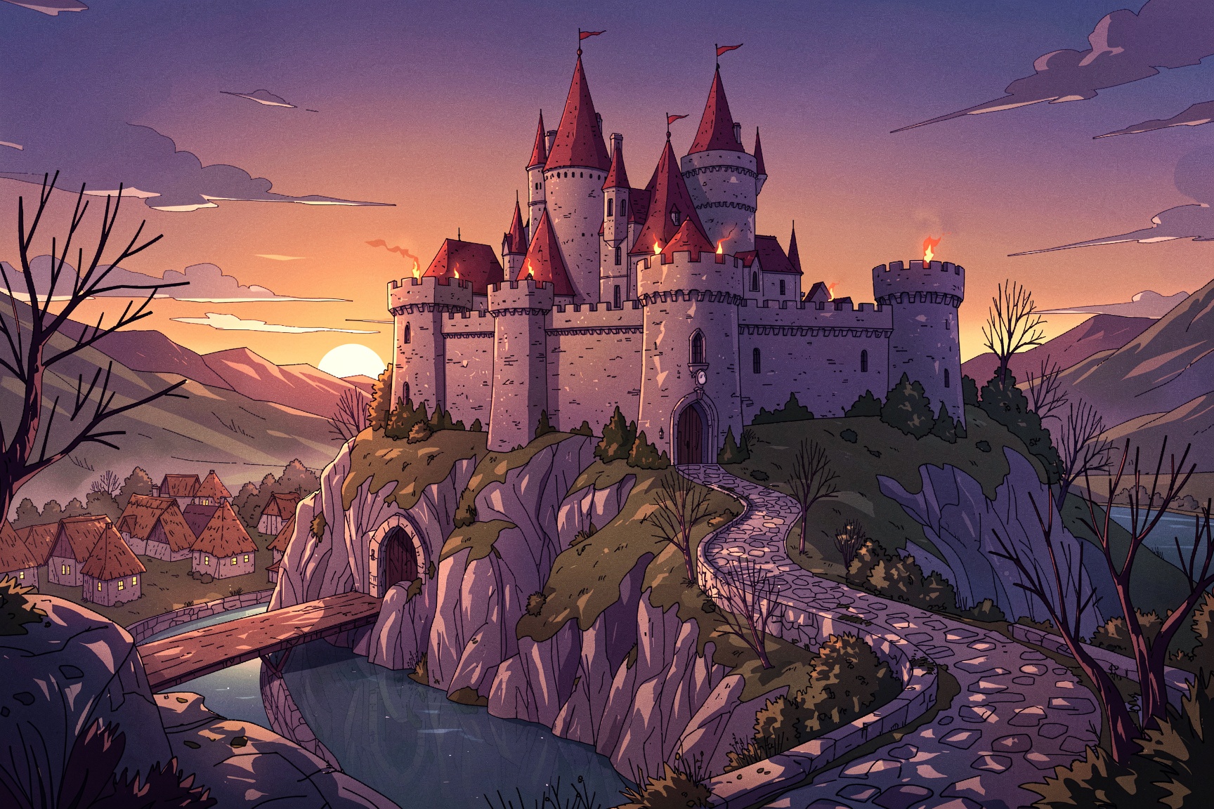 A outlined illustration of an imposing stone castle fortress perched atop a rocky cliff at dusk. The castle features tower...
