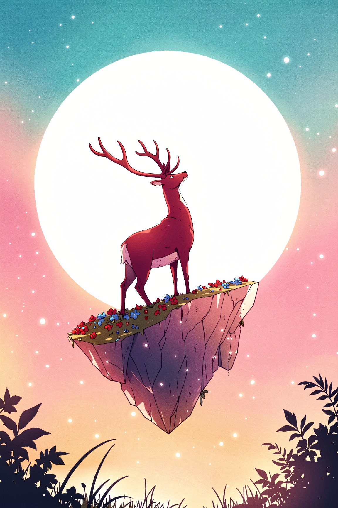 An outlined illustration of a red deer with large,  multi-pointed antlers standing on a jagged,  floating rock fragment co...