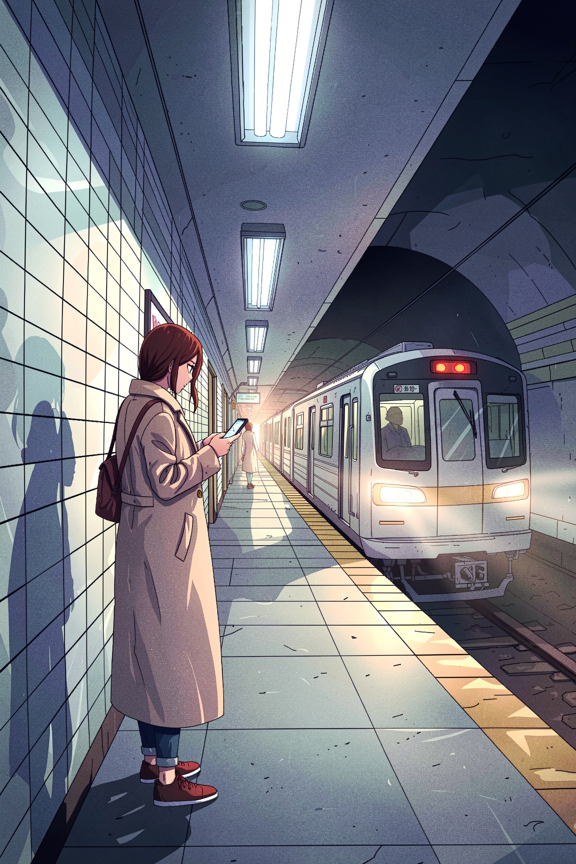 outlined illustration of a woman in a long beige coat standing on a subway platform,  looking at her phone. Fluorescent li...