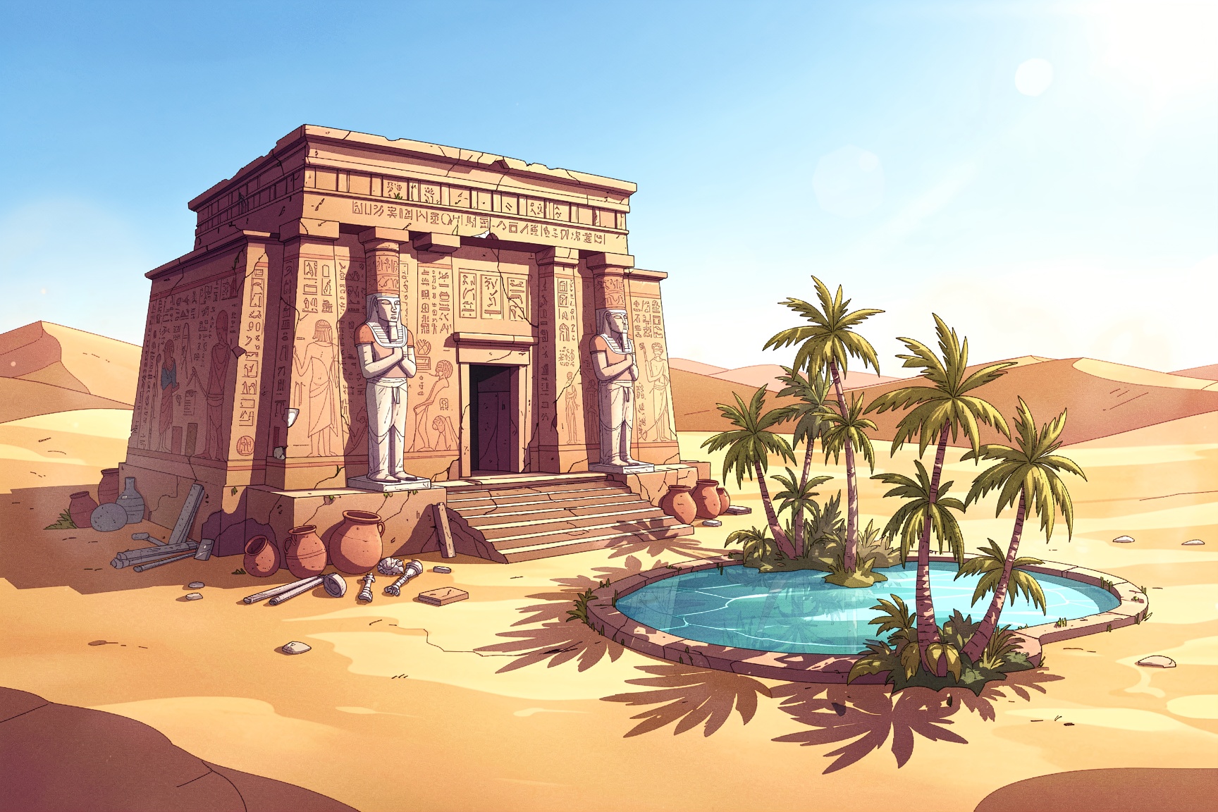 A outlined illustration of an ancient desert temple rising from the golden sands,  its weathered sandstone walls covered i...