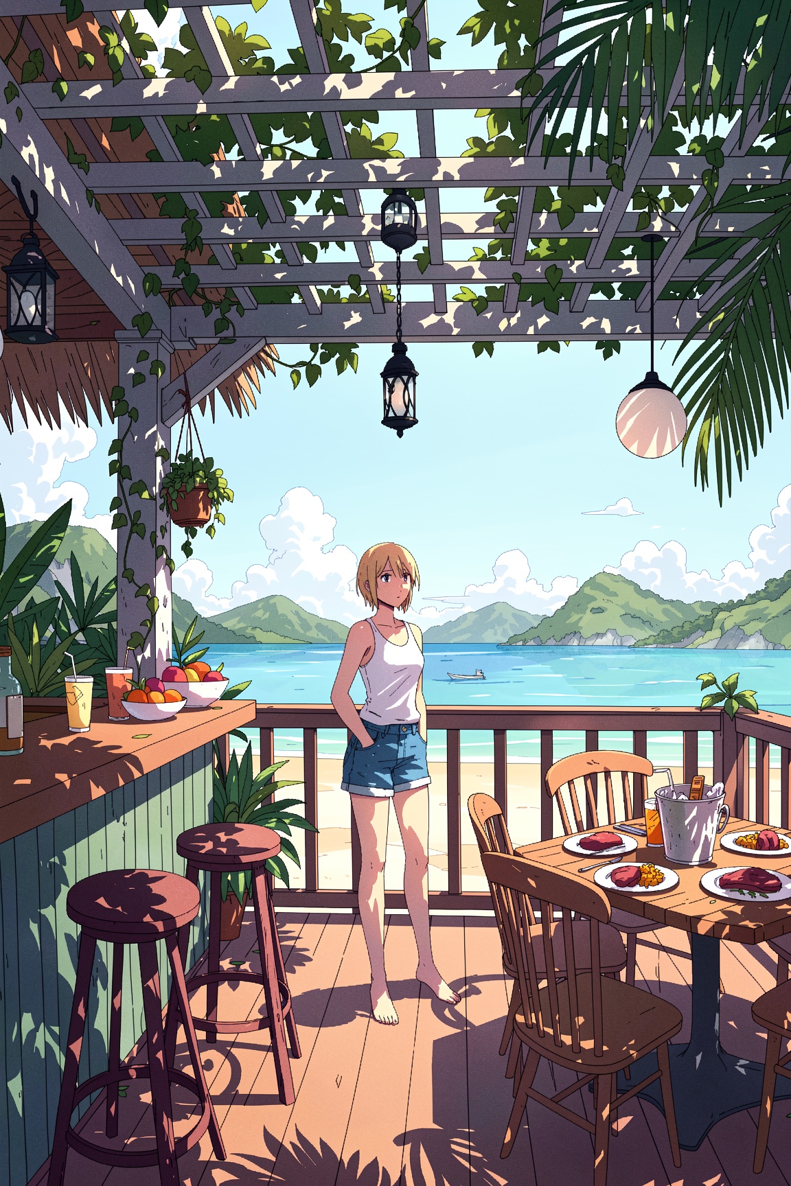 This outlined illustration displays a semi-outdoor wooden deck structure overlooking a beach and ocean scene. The Structur...