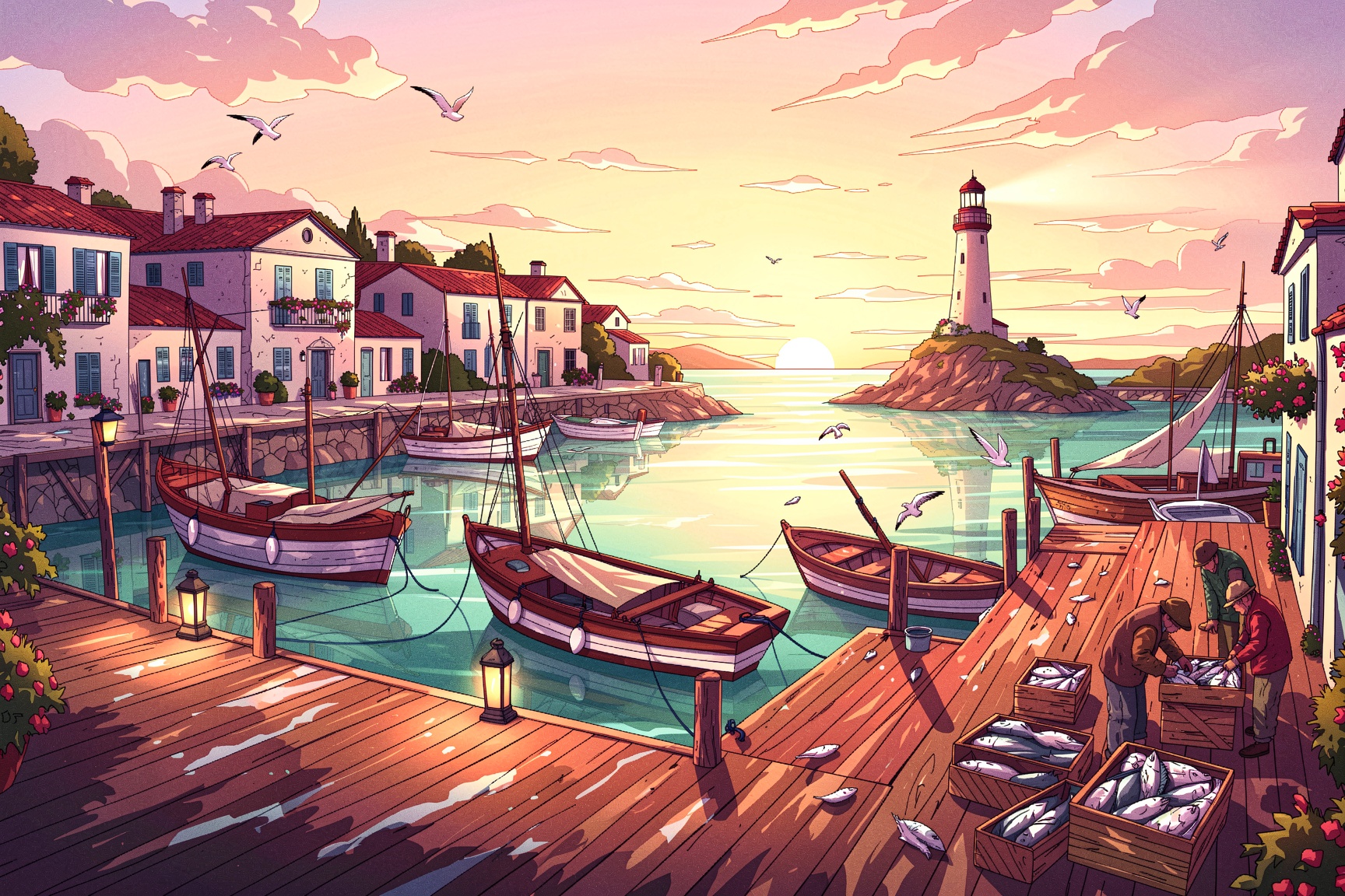 A outlined illustration of a picturesque harbor town at sunset,  with wooden docks extending into calm turquoise waters. S...