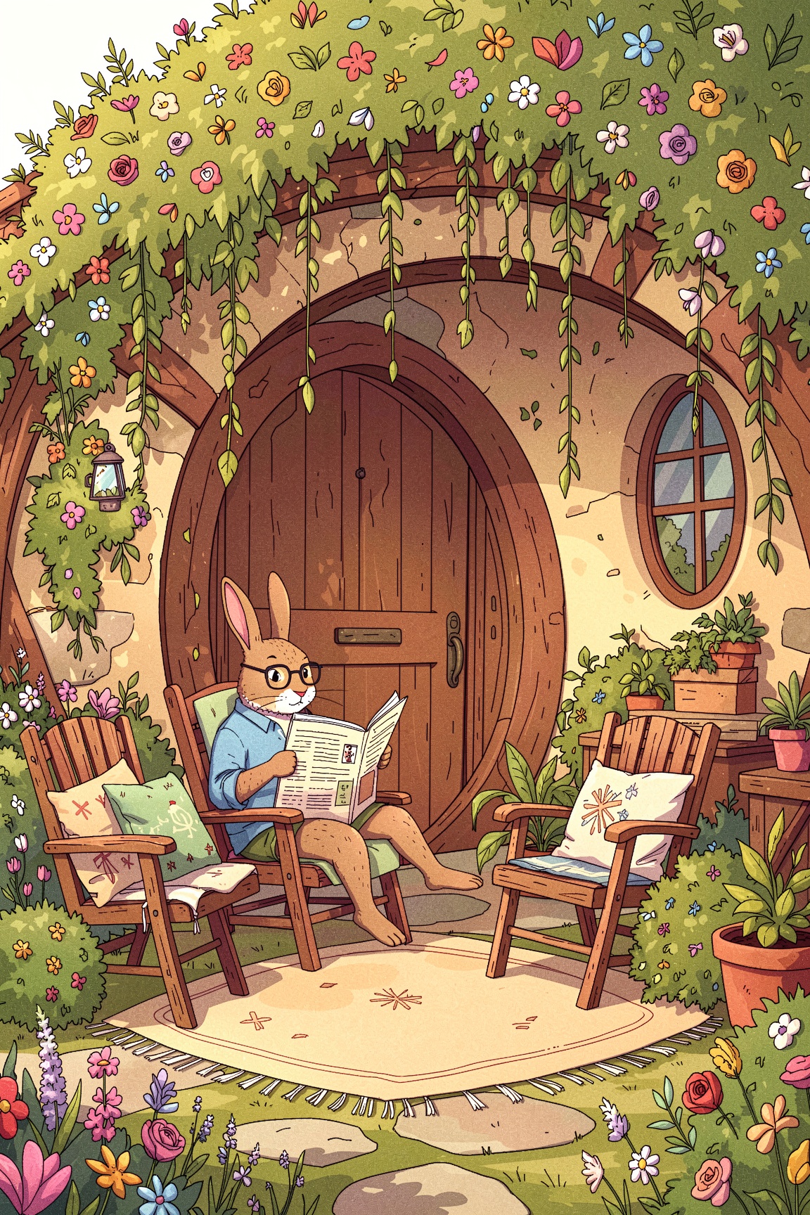 a outlined illustration of a cozy,  serene scene at the entrance of a round,  hobbit-like home. There is a rabbit sitting...