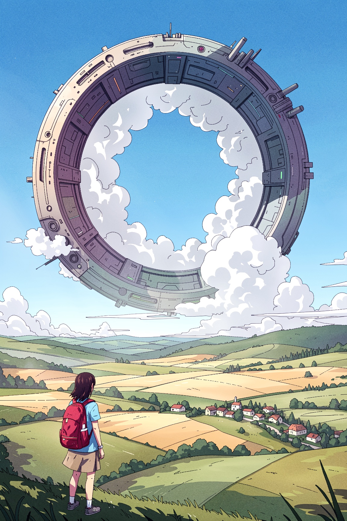 outlined illustration of a breathtaking scene where technology and nature converge under a clear blue sky. In the foregrou...