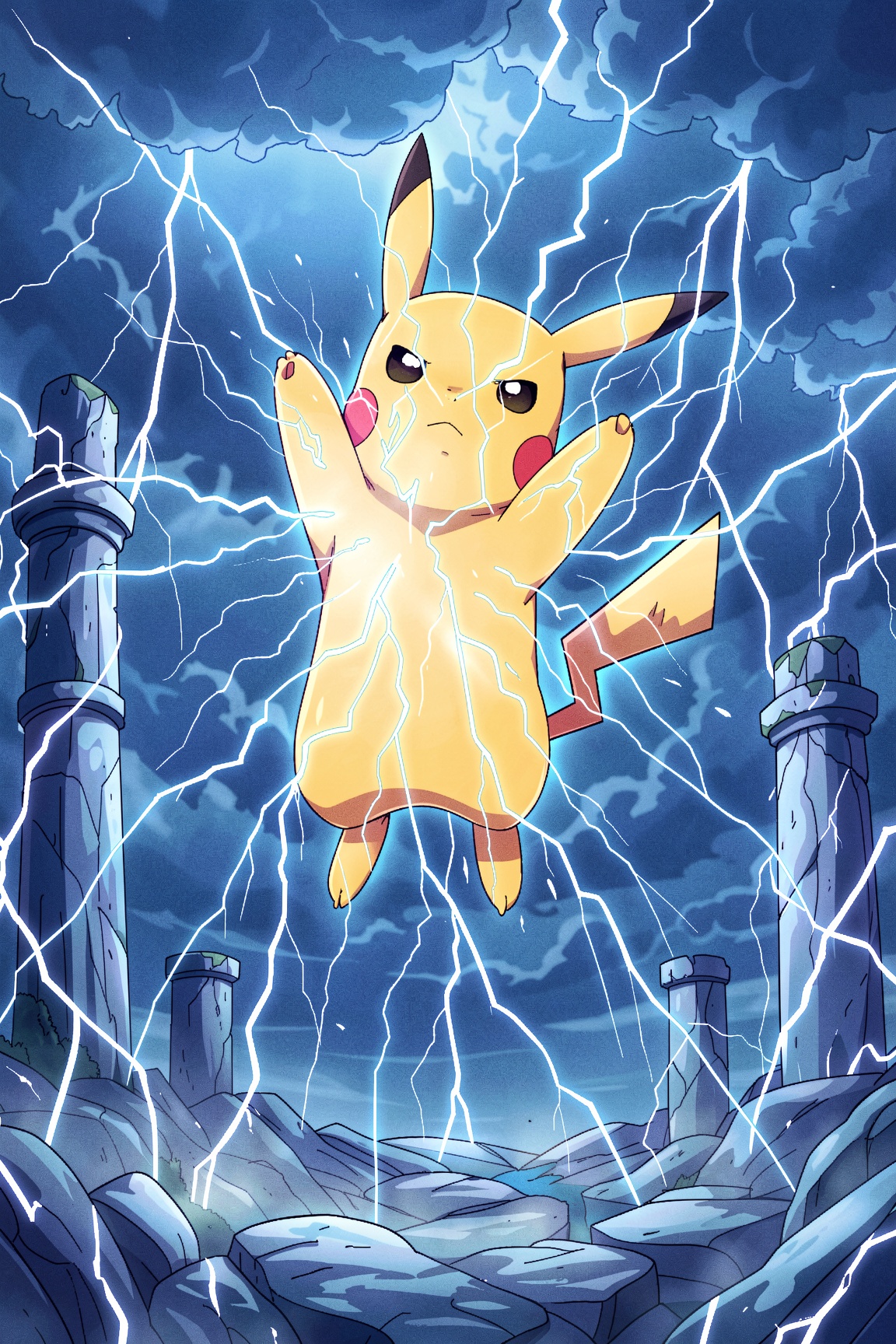 An outlined illustration of the iconic Pokémon,  Pikachu,  levitating prominently in the center on Tensor.Art