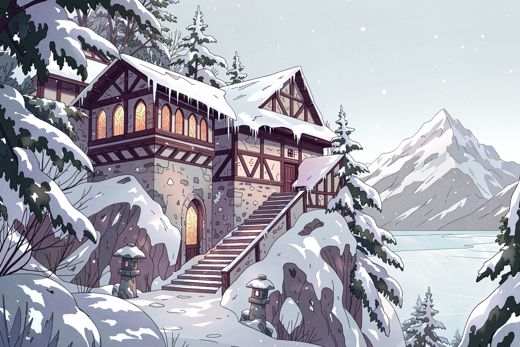 A outlined illustration of a secluded monastery built into the side of a snow-covered mountain peak. The structure feature...