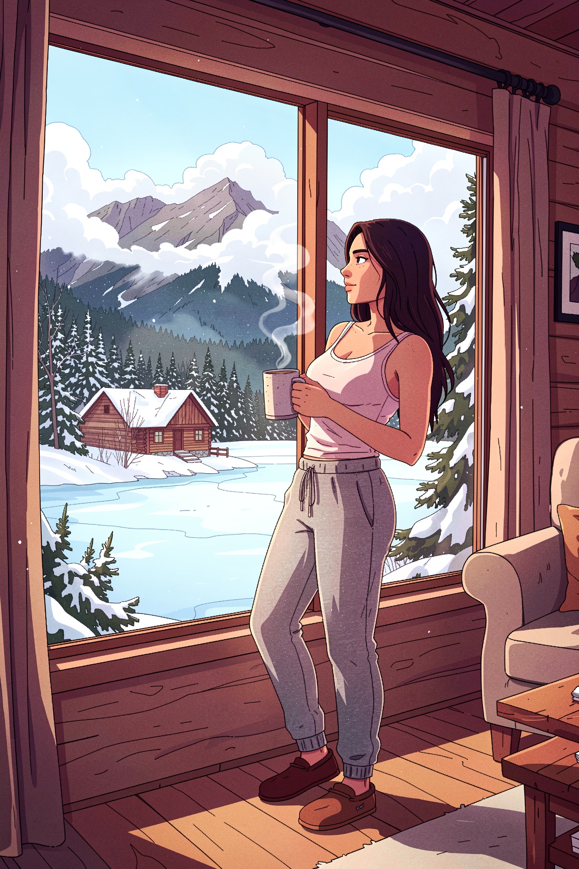 a outlined illustration of a woman in her twenties standing by a large window in a cozy cabin living room. She is wearing...
