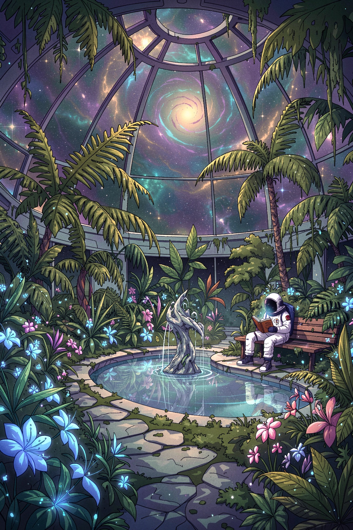 A outlined illustration of a vast,  domed botanical garden aboard a space station. The transparent ceiling reveals a breat...