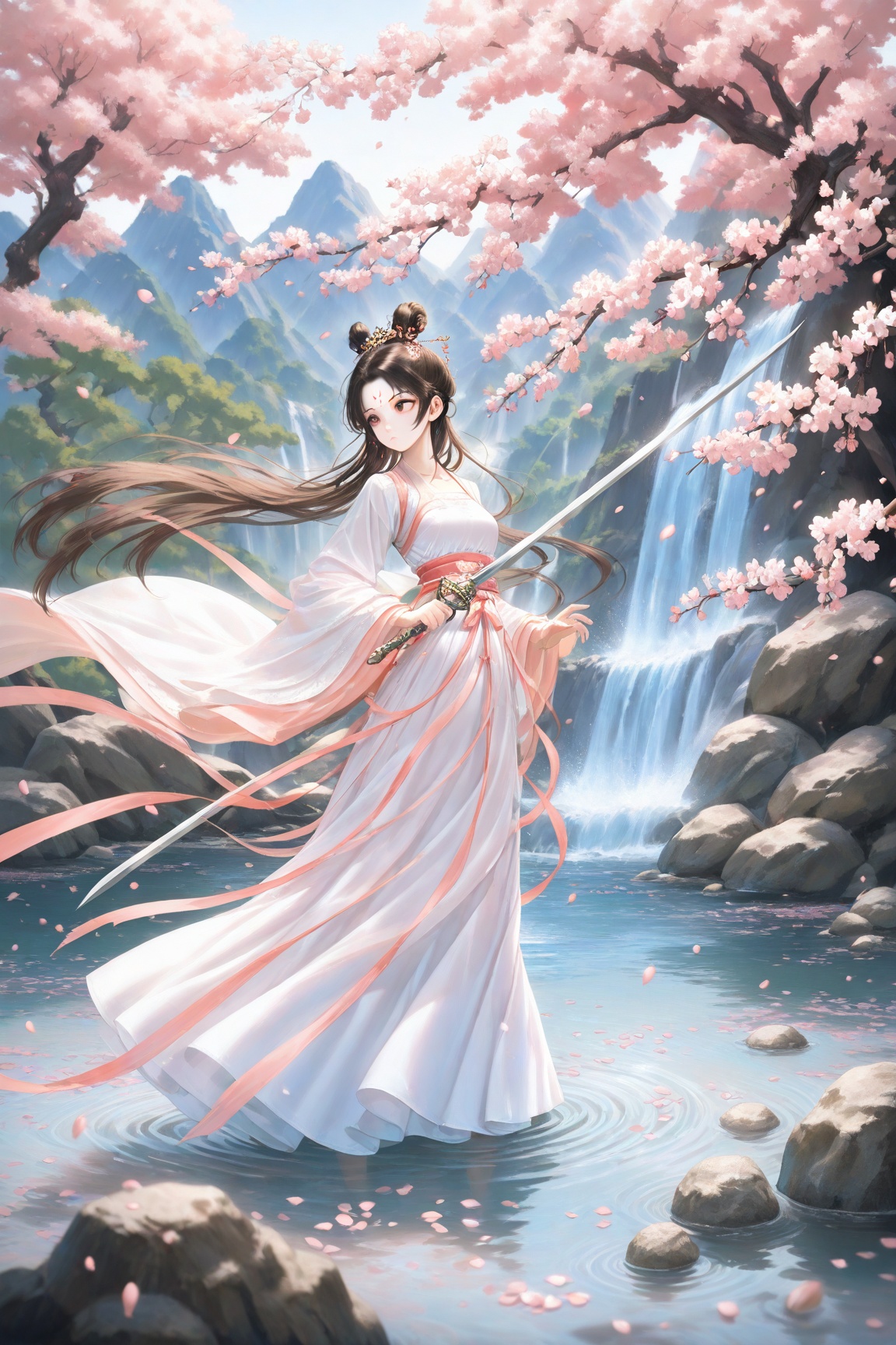 1girl, solo, long hair, brown hair, long sleeves, hair ornament, dress, holding, ribbon, closed mouth, standing, flower, weapon, sword, white dress, holding weapon, hair bun, water, tree, looking to the side, sash, petals, expressionless, holding sword, chinese clothes, facial mark, single hair bun, cherry blossoms, rock, mountain, forehead mark, branch, falling petals, reverse grip, waterfall, hanfu, 