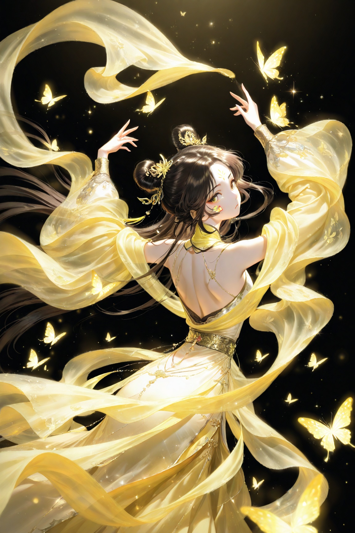 1girl, solo, long hair, brown hair, black hair, long sleeves, hair ornament, dress, jewelry, bare shoulders, standing, looking back, hair bun, from behind, back, chinese clothes, facial mark, black background, bug, butterfly, shawl, forehead mark, dancing, dark background, yellow theme, yellow butterfly, glowing butterfly, glitter, 