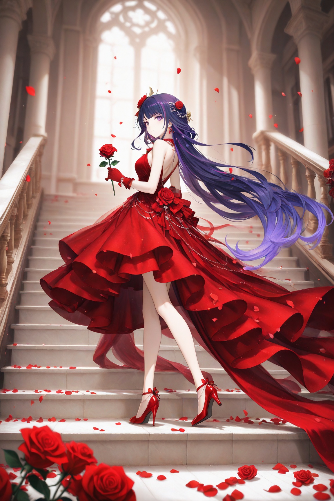 depth of field,masterpiece,best quality,very aesthetic,alternate costume,alternate costume,2024,2023,perfect composition,ultra-detailed,extreme aesthetic,masterpiece,best quality,good quality,newest,year 2024,year 2023,very aesthetic,absurdres,looking_at_viewer,colorful,
(raiden shogun_(genshin_impact):0.7),(purple hair:1.4),purple eyes,hair_ornament,long hair,braid,multicolored hair,gradient hair,streaked hair,
flower, red dress, dress, long hair, 1girl, brown hair, red footwear, jewelry, hair ornament, full body, earrings, rose, red flower, red gloves, petals, holding, gloves, very long hair, solo focus, bare shoulders, hair flower, high heels, stairs, red rose, 2