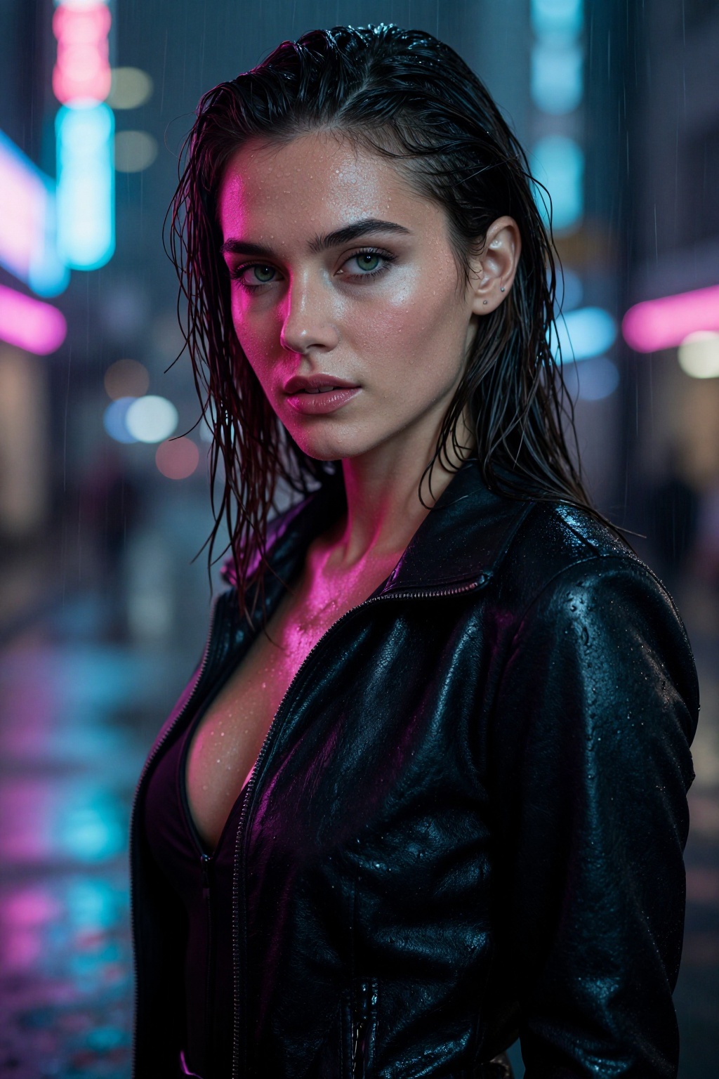 A dramatic portrait of a woman with sharp features and deep green eyes,  standing under neon city lights at night. Rain fa...