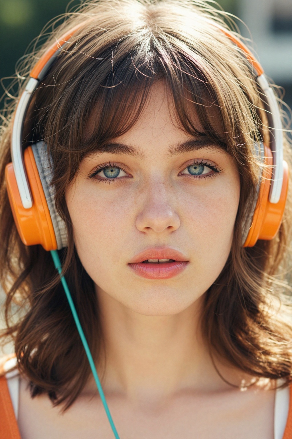 Extreme close-up,  frontal shot of a young woman with a nostalgic 1970s aesthetic,  featuring messy on Tensor.Art