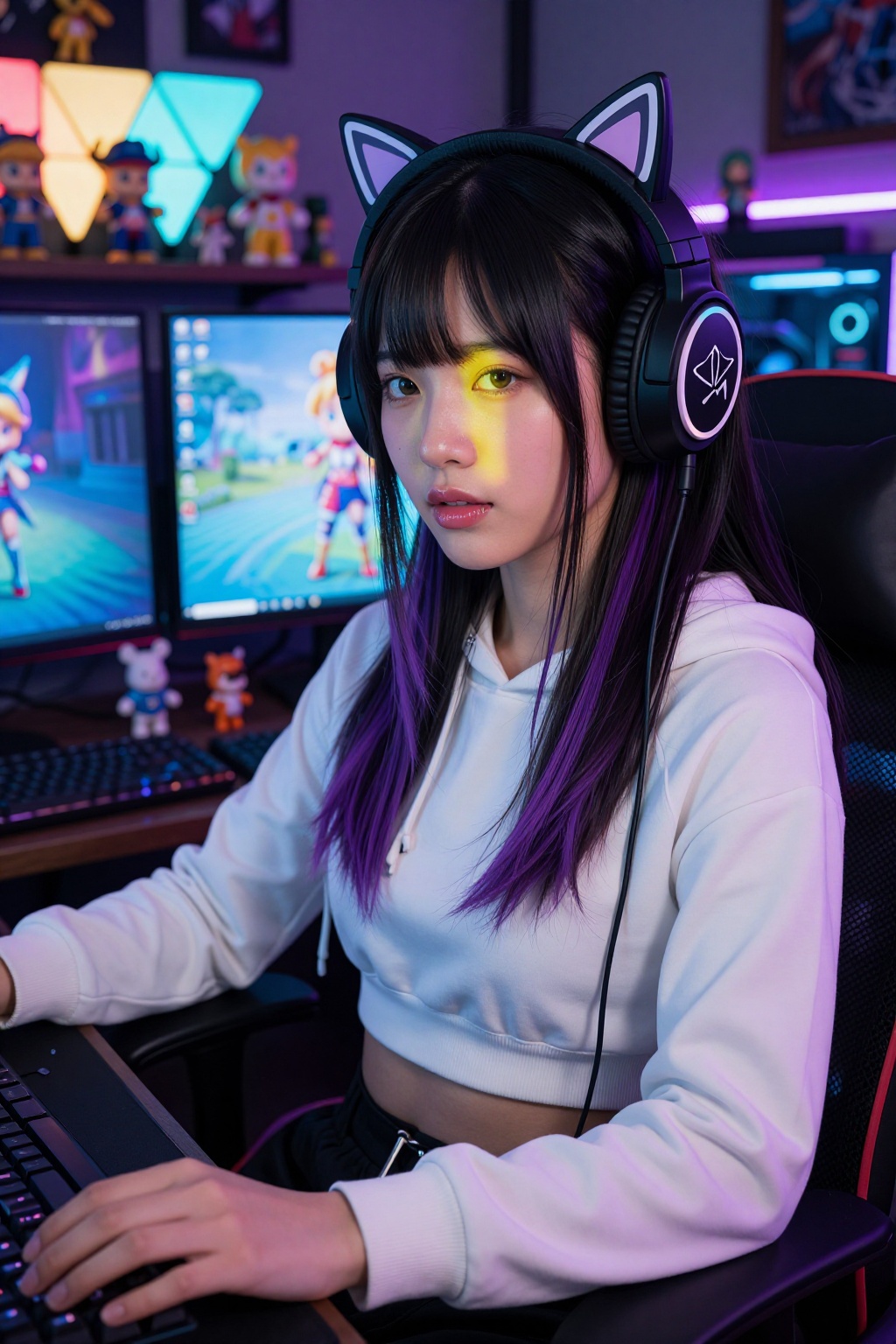 A stylish gamer girl seated at a desk,  illuminated by RGB lighting reflecting across her face and glossy lips. She has lo...