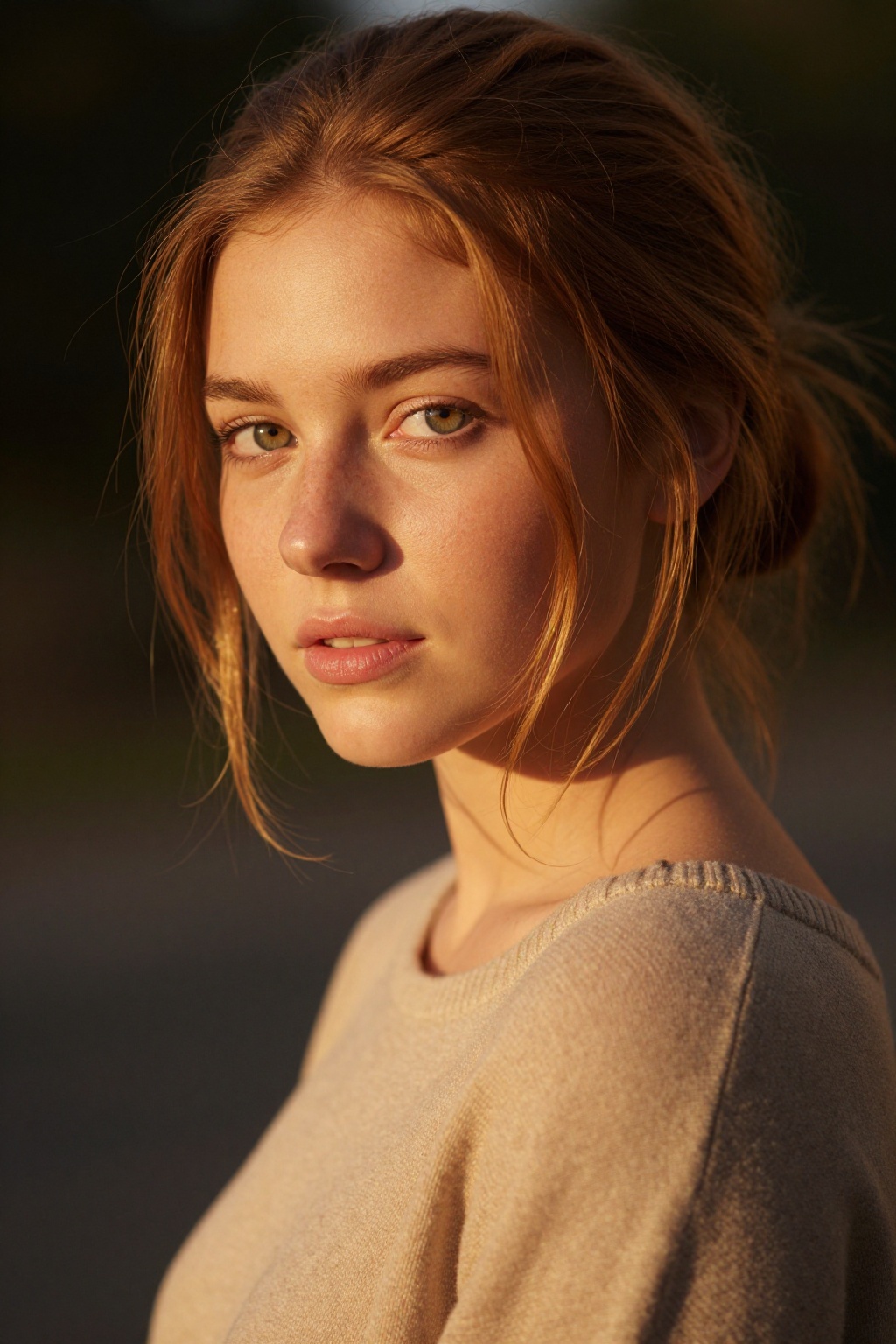 A cinematic close-up portrait of a young woman with soft hazel eyes and sun-kissed freckled skin,  her messy auburn hair l...