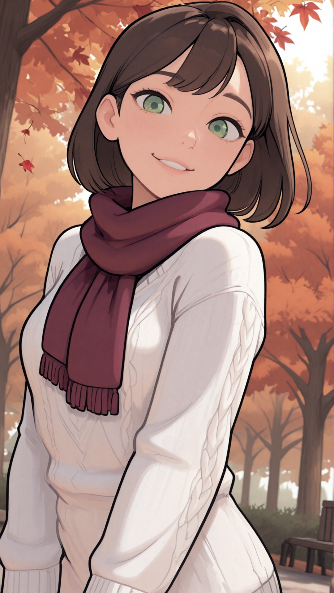 this is a digital anime-style illustration of a young woman with short brown hair and green eyes,  smiling softly,  she we...