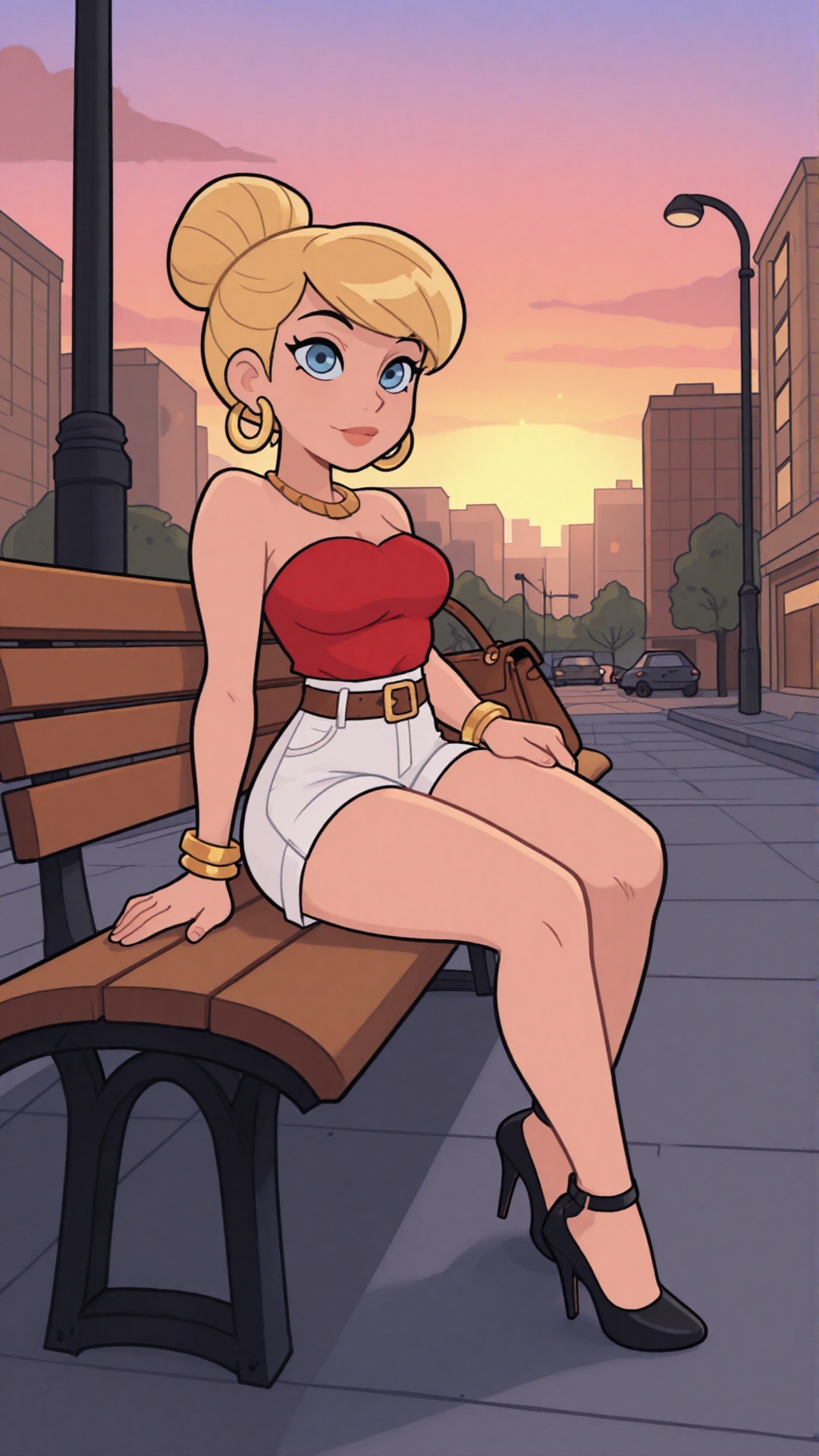 this is a digital illustration in a cartoon style,  it features a blonde woman with fair skin and blue eyes,  sitting on a...