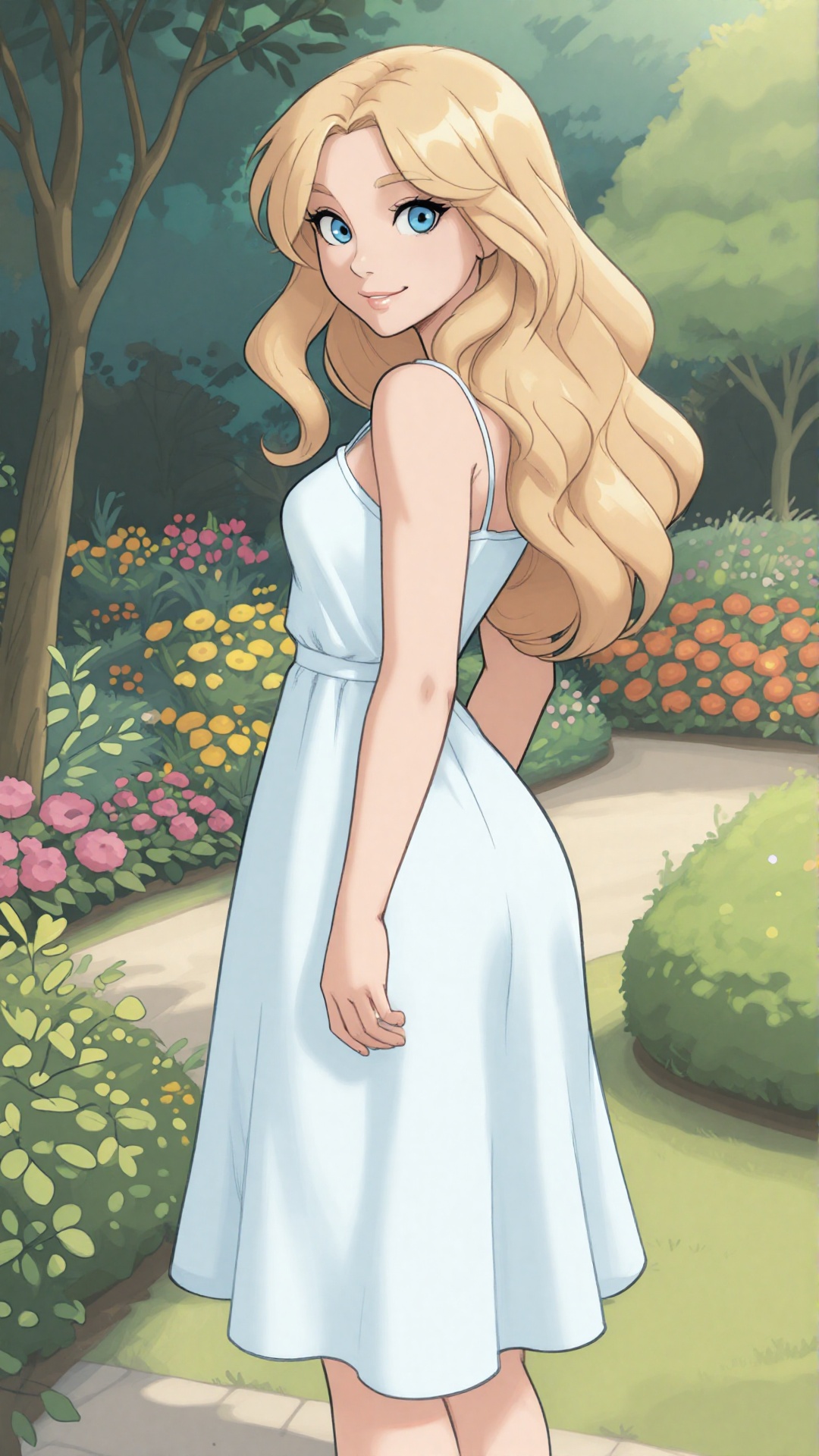 this is a digital anime-style illustration of a beautiful young woman standing in a lush,  colorful garden,  she has long...