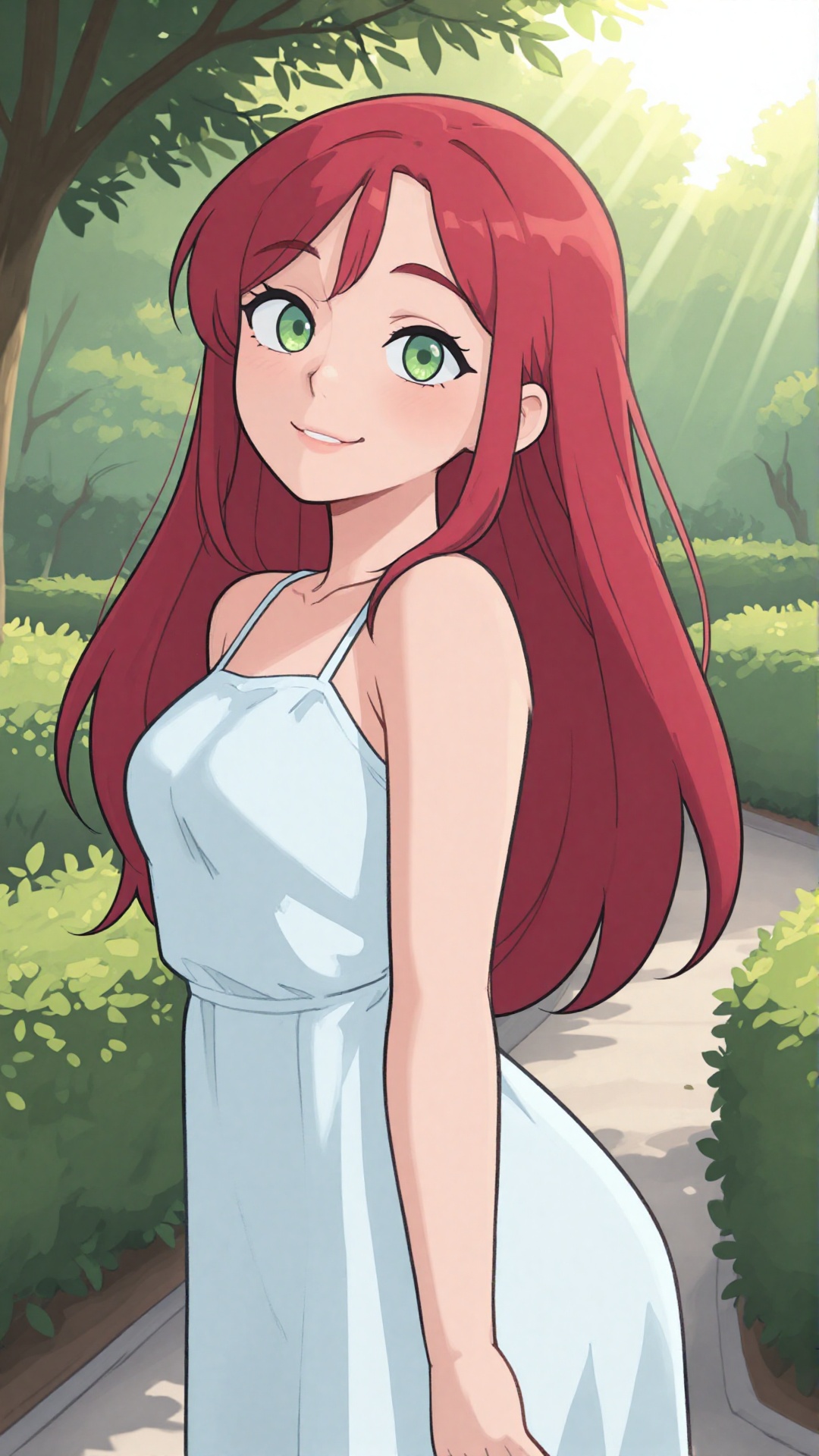 this is a digital anime-style illustration of a young woman with long,  red hair and bright green eyes,  she is smiling so...