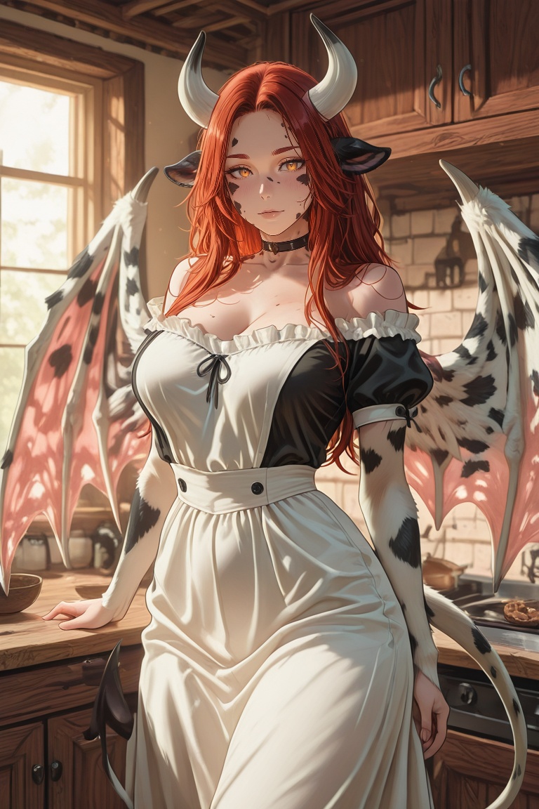 Create a scene where Bovara,  dressed in a maid dress,  stands inside a rustic kitchen. The kitchen is adorned with natura...