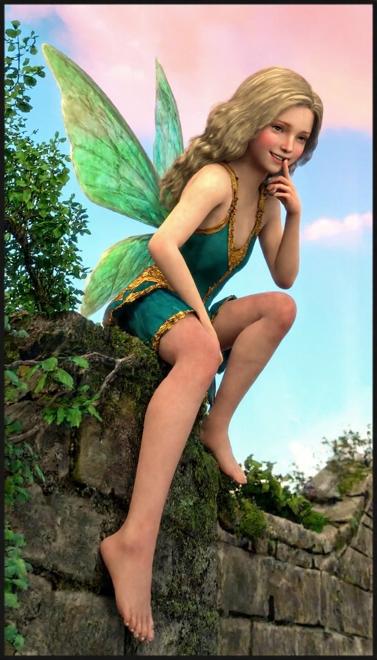 This is a digital CGI image depicting a fair-skinned,  blonde fairy perched on a moss-covered stone wall. The fairy has de...