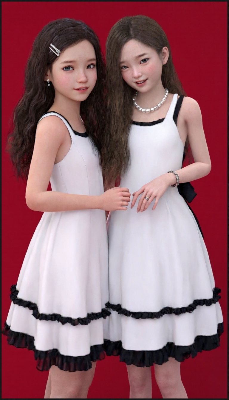 Photograph of two young girls standing closely together against a vibrant red background. Both girls have long,  wavy brow...