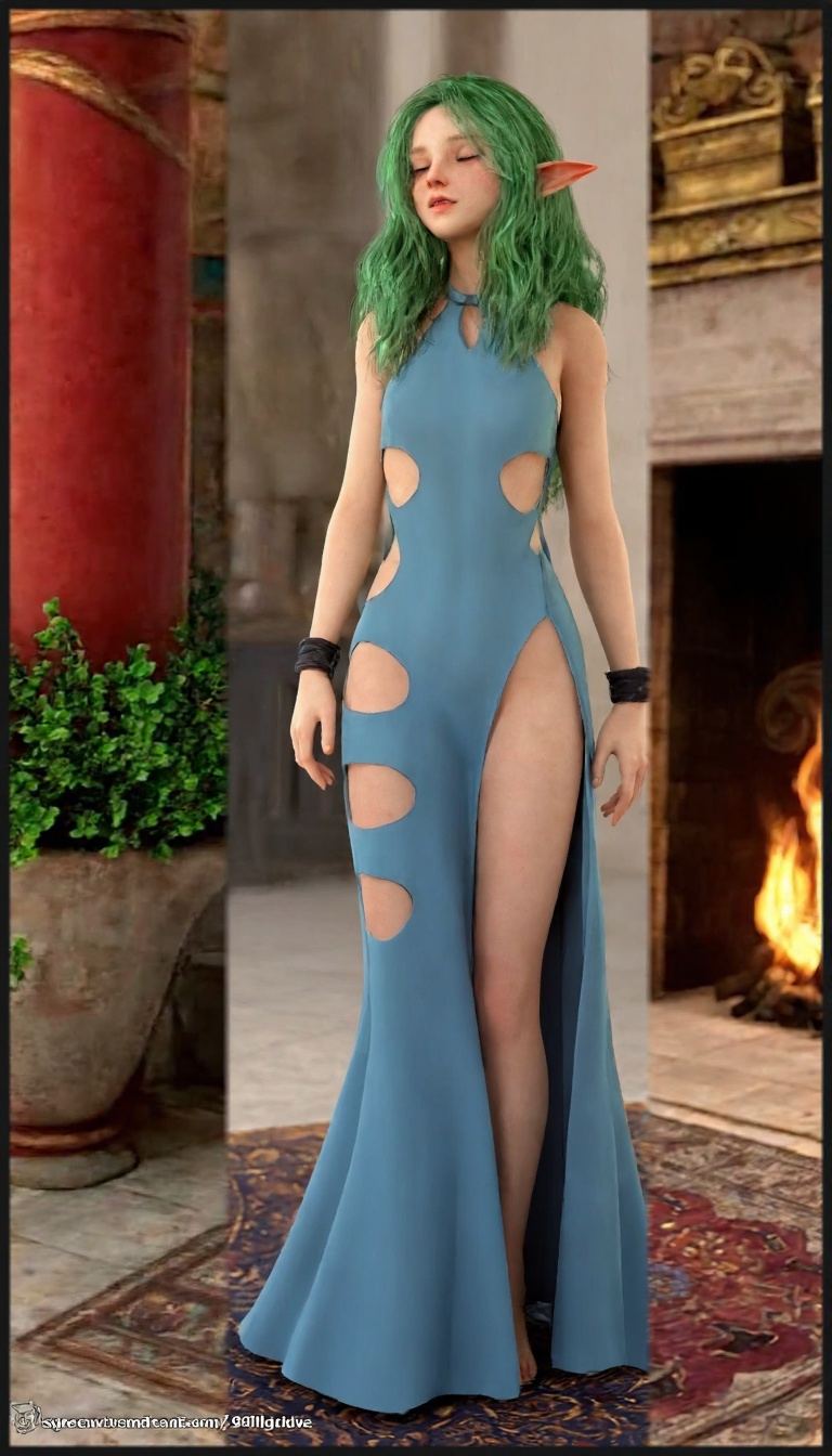 A CGI-rendered image of a slender,  elf-like woman with long,  wavy green hair standing in an ancient on Tensor.Art