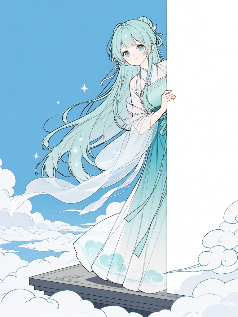 PTXT, 二次元平涂线条风,飘逸柔美的线条,淡彩平涂,浅青发的仙灵少女从云海浮台的云絮后探出身子,眉眼空灵澄澈,长发缀着星尘碎光,身着青白渐变的纱质仙裙,裙袂飘着淡青云纹,小手轻抓柔软的云絮,背景是浅蓝与纯白交织的云海苍穹,空灵仙侠二次元质感,仙灵少女俏皮现身云端