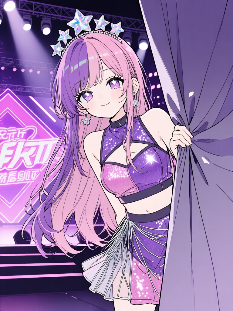 PTXT, 二次元平涂线条风,梦幻甜酷的线条,紫粉平涂,粉紫双拼发的偶像少女从舞台追光的幕布后窥探,眉眼闪亮充满星光,头戴钻石星星发饰,身着紫粉拼接的亮片偶像打歌服,裙摆飘着银丝线,一手攥紧舞台幕布,背景是炫紫与亮粉的演唱会舞台,甜酷偶像二次元风格,偶像准备登台闪耀


