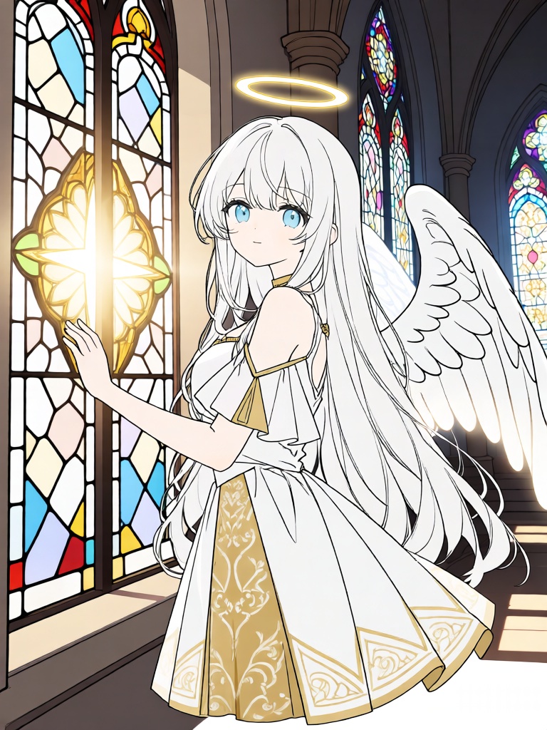 PTXT, 二次元平涂线条风,神圣圣洁的线条,纯白平涂,白发天使从圣光教堂的彩绘玻璃后探身,眼眸澄澈圣洁,背后隐现半透明光翼,身着纯白与金纹拼接的天使礼裙,头顶悬浮金色光环,一手轻触彩绘玻璃,背景是暖白与彩窗的神圣教堂,圣洁天使二次元质感,天使温柔降临人间