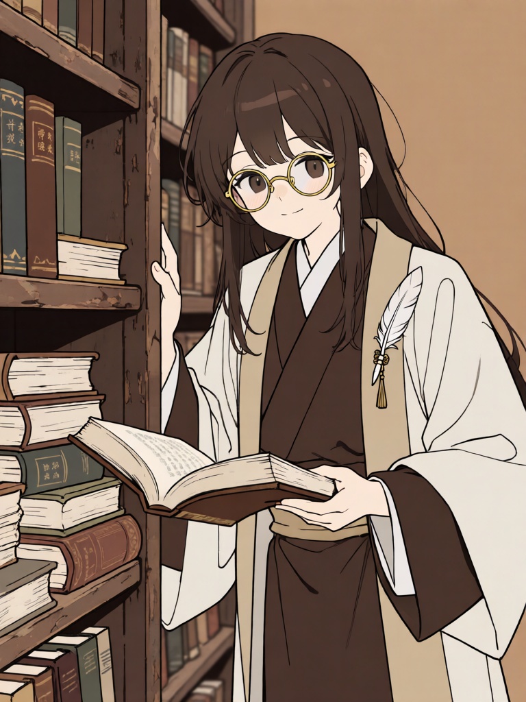 PTXT, 二次元平涂线条风,沉稳厚重的线条,深棕平涂,深棕发的儒雅学者从旧书阁楼的书架后探身,眉眼温和知性,戴着金丝边圆框眼镜,身着深棕与米白拼接的复古学者袍,领口别着羽毛笔饰,一手扶着堆满古籍的书架,背景是暖棕做旧的复古书阁,文艺知性二次元风格,学者悄然翻阅古籍