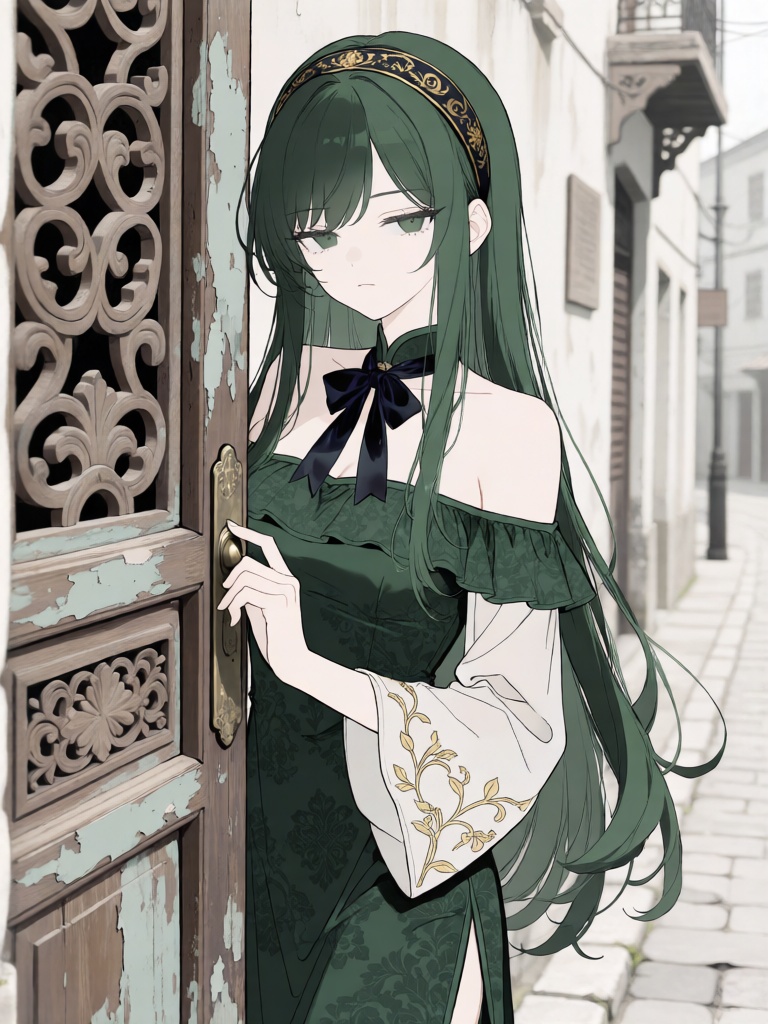PTXT, 二次元平涂线条风,流畅简约的线稿,淡彩平涂无渐变阴影,墨绿长发的清冷御姐从斑驳的古旧雕花木门后探身,眉眼疏离又带着慵懒,头戴暗金纹饰的复古发箍,颈间系着墨色丝绒飘带,身着墨绿暗纹的露肩复古长裙,袖口绣着浅金藤蔓纹样,指尖轻扣木门雕花,背景是做旧米白的复古街巷,低饱和复古色调,优雅哥特二次元质感,人物似从旧时光中悄然现身