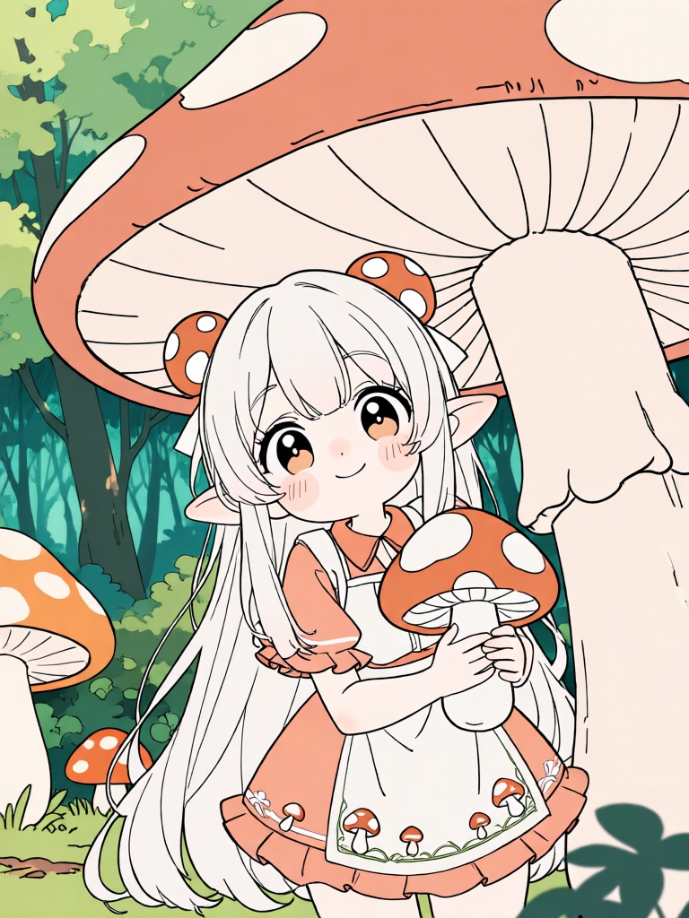 PTXT, 二次元平涂线条风,软萌圆润的线条,浅粉平涂,奶白发的软萌精灵从巨型蘑菇的菌盖后探出头,圆脸蛋带着甜甜的笑意,头戴蘑菇斑点的小巧发饰,身着奶白与橘粉拼接的精灵短衫,裙摆绣着蘑菇纹样,小手抱着蘑菇菌柄,背景是鲜绿与暖橙的奇幻森林,软萌治愈二次元风格,精灵好奇窥探森林秘境