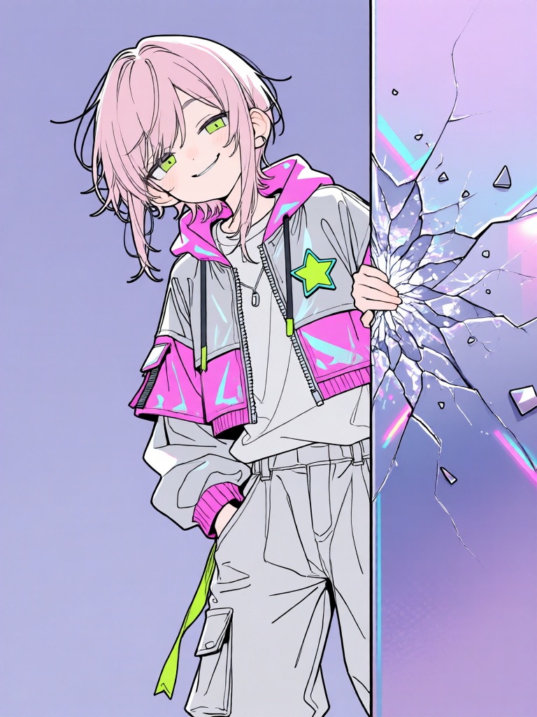 PTXT, 二次元平涂线条风,利落干净的轮廓线,极简薄涂无厚重阴影,浅粉发的元气少年半倚在碎裂的霓虹金属板后,眉眼灵动带点狡黠的笑意,额前碎发垂落,身着银灰拼接亮粉的机能短外套,领口别着荧光绿的星形徽章,宽松工装裤的侧边飘着同色系织带,一只手轻搭在断裂的金属边缘,身后是赛博都市的淡紫渐变冷调背景,高饱和亮色点缀与低饱和底色形成强烈对比,潮酷街头二次元风格,少年似在暗中窥探又俏皮现身