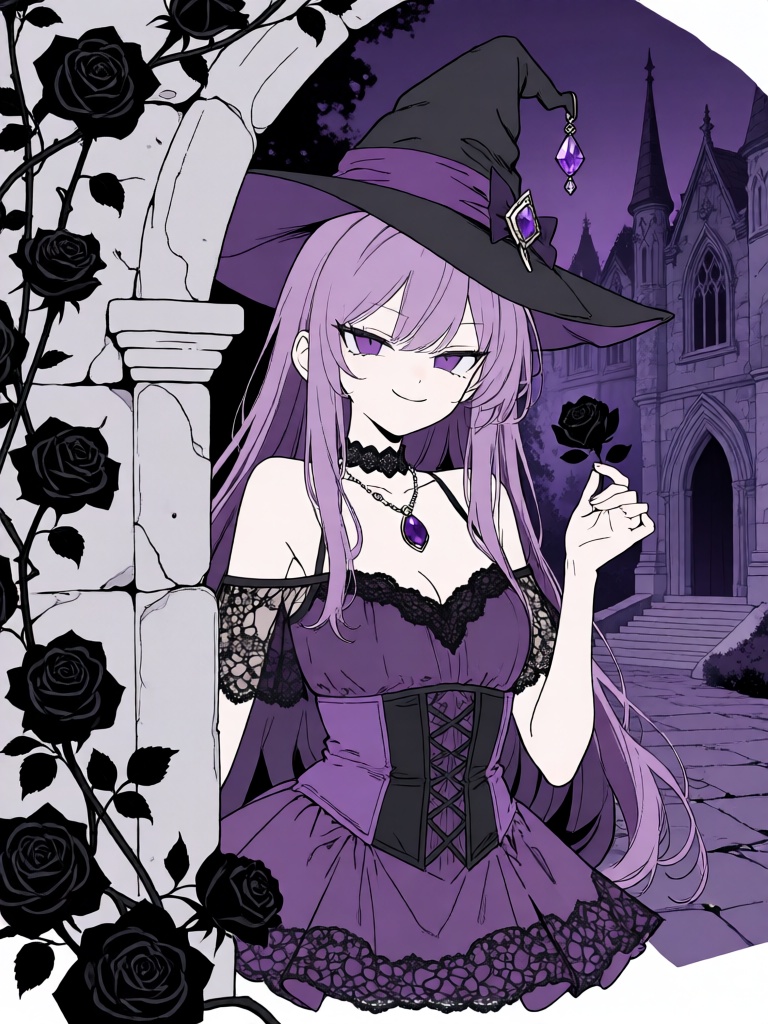 PTXT, 二次元平涂线条风,纤细精致的线稿,纯色块平涂无阴影,紫发魔女半掩在缠绕黑蔷薇的石拱后,眼尾上挑带着妖冶的笑意,头戴紫水晶坠饰的尖顶巫帽,身着紫黑拼接的蕾丝巫女裙,颈间戴着暗紫宝石项链,指尖轻捻一片黑蔷薇花瓣,背景是深紫调的哥特古堡庭院,神秘暗黑二次元质感,魔女慵懒又魅惑地现身